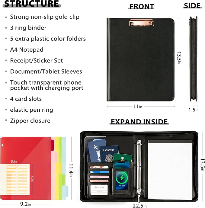 Ospelelf Leather Clipboard with Storage, Zippered Padfolio Portfolio Organizer, 3 Ring Binder 1 Inch, Notepad, Tablet Sleeve, 5 Dividers with Pocket for Office, Nurses, Students, Teachers Black