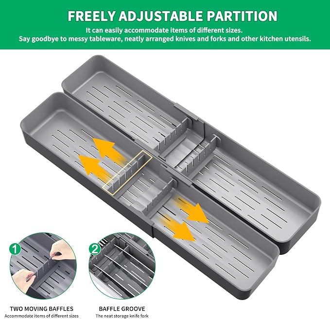 Kitchen Drawer Silverware Organizer, Adjustable Cutlery Organizer, Expandable Utensils Holder, Silverware Dividers Tray, Storage for Flatware, Large Drain Board (Gray,2 Sets)
