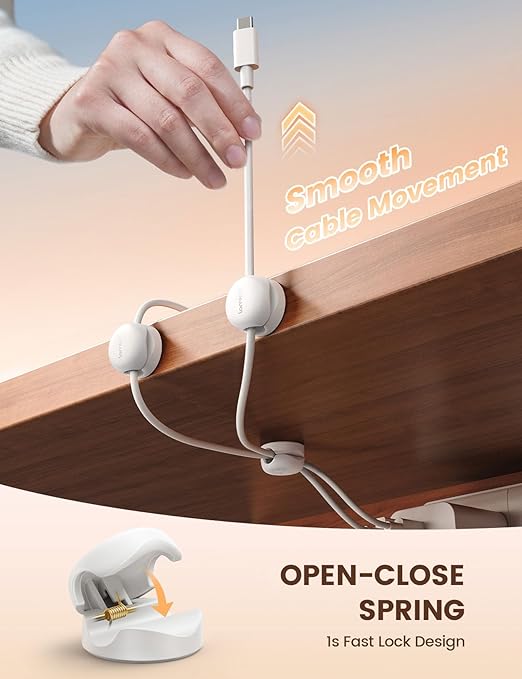 Lamicall 12 Pack Spring Cord Organizer, Compact Cable Holder Clips | 8mm Slot, Smaller, Space Saving, Office Desk Accessories, Nightstand Phone Charging Cord Holder, Adhesive Wire Organizer