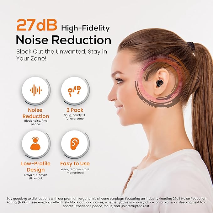 Ear Plugs for Sleeping Noise Cancelling, Soft Silicone Earplugs for Sleep, High Fidelity Reusable Noise Reduction Ear Plugs with 4 Ear Tips Sizes, Hearing Protection for Concerts & Travel (Black)