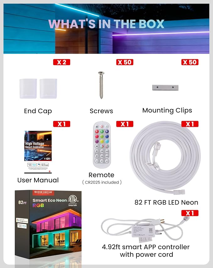 Shine Decor Smart LED RGB Neon Rope Lights AC 120V, ETL Expandable Color Changing Dimmable with Remote Compatible with Alexa, Google Assistant, Cold-Resistant & IP65 Waterproof, 8x16 mm, 82FT