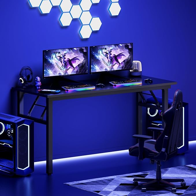DlandHome Computer Desk, 59.8Inch Office Desk Computer Table, Study Writing Study Desk for Home Office, Black and Black