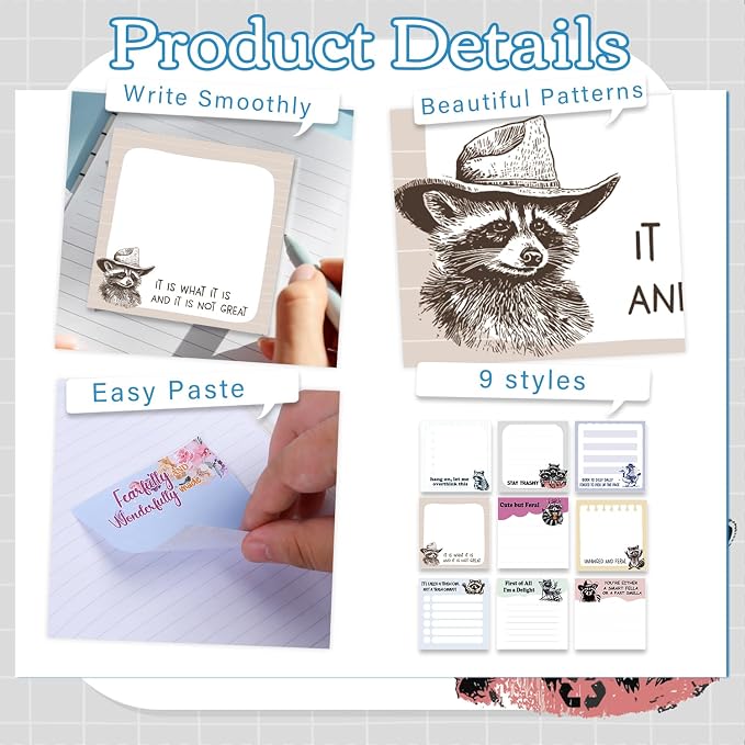 Funny Sticky Notes Gifts - 9 Pack Funny Raccoon Notepads 3x3 Inches, Raccoon Work Gag Gifts for Women Men, Animal Themed Memo Pads School Office Supplies for Coworkers Students (450 Sheets)