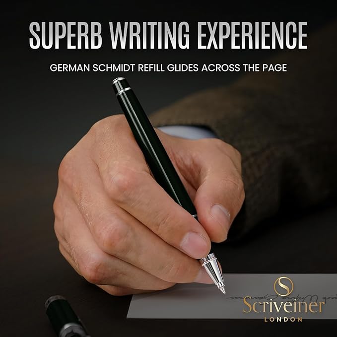 Scriveiner Black Green Rollerball Pen - Stunning Luxury Pen, Chrome Finish bundle with Rollerball Refill Black Fine - 4 Rollerball Refills in one box