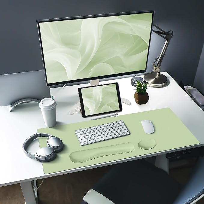 Bloss Leather Desk Pad and Keyboard Wrist Rest, Large Mouse Pad + Keyboard and Mouse Wrist Support, Non-Slip Desk Mat Protector for Office, Home(27.6" x 13.8", Green)