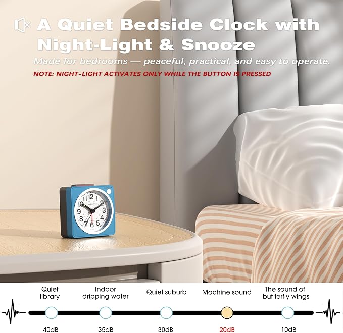 AYRELY® 2.6" × 1.4" Ultra Small Battery Operated Analog Travel Alarm Clock | Silent Non-Ticking Retro Bedside Table Clock with Snooze, Light and Easy Top Alarm Switch for Travel and Bedrooms (Blue)
