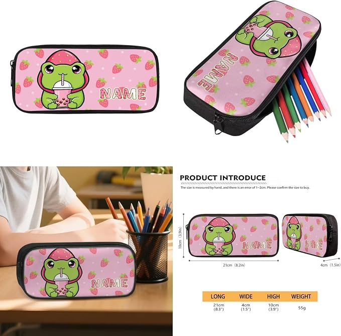 WELLFLYHOM Custom Name Strawberry Frog Backpack Set for Girls Ages 8-12 | 4Pcs Personalized School with Lunch Box, Pencil Pouch and Water Bottle Carrier for Daily Campus Use