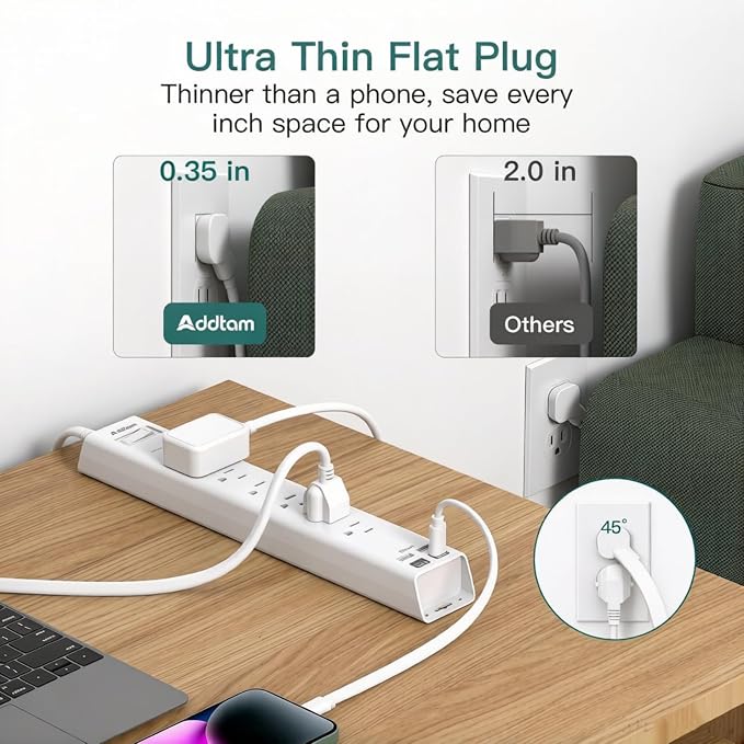 Addtam 10ft Power Strip Surge Protector, 6 Outlets and 4 USB Ports (2 USB C), 10 ft Long Extension Cord with Ultra Flat Plug, Wall Mount Desktop Charging Station for Home Office Dorm Room Essentials