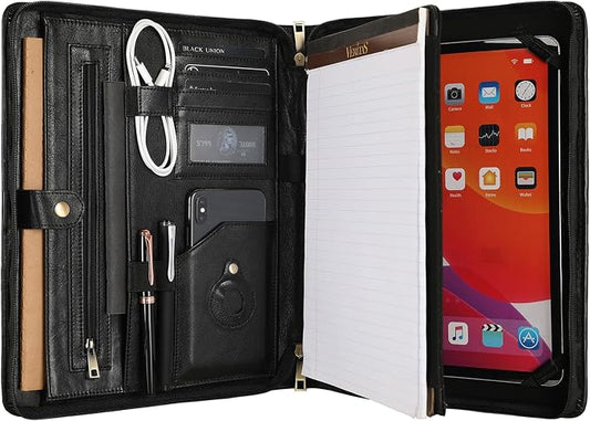 Leather Portfolio for 13 inch iPad Pro M4 (2024), Business Tablet Portfolio for Men, Personalized Padfolio, Engraved Portfolio Folder for A4 Notepad (Oil Black, Custom)