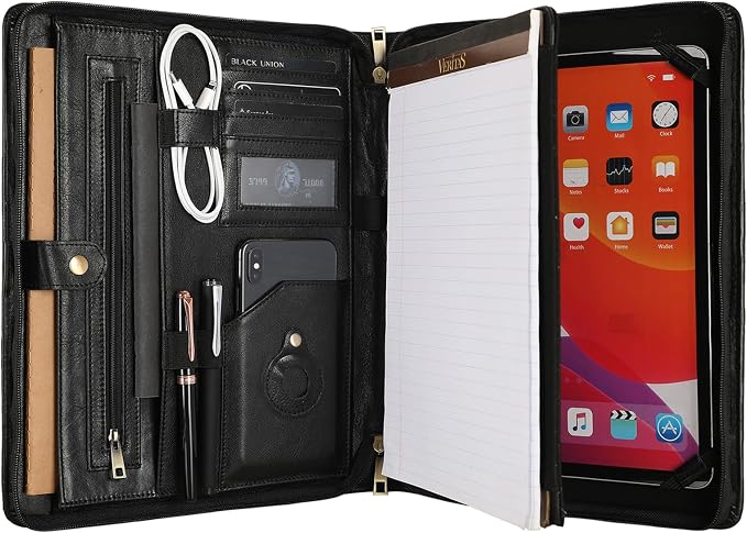 Leather Portfolio for 13-in iPad Pro M4/M5 & 13-in iPad Air M2/M3, Leather Padtfolio with ipad Holder for Letter Size Notepad, Personalized Padfolio for Men - Oil Black