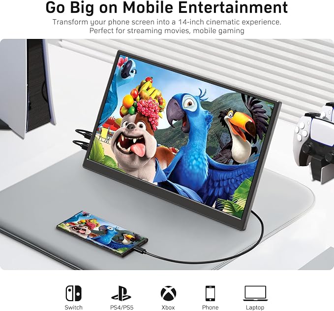 KQC 14 Inch Portable Monitor FHD 1200P, Ultra-Slim USB-C HDMI Plug & Play External Display, 100% sRGB Dual Speakers, Travel Laptop Monitor with Stand for PC Phone Xbox PS4/5