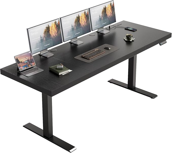 OffiGo 71 Inch Executive Electric Standing Desk Height Adjustable, Black | 1.38" Thick 3-Panel Desktop, Power Outlets, 3 Memory Presets, Dual-Beam Frame for Home Office, Workstation, Conference Room