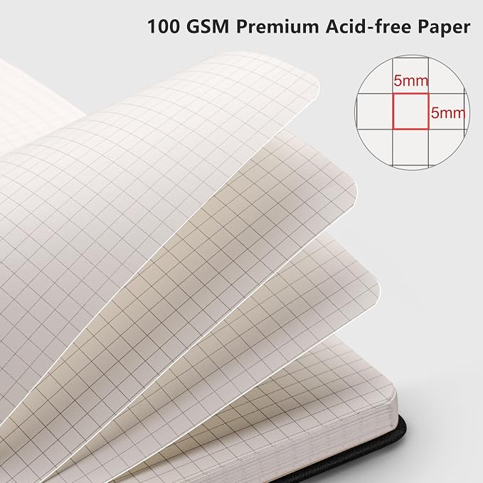 RETTACY Graph Grid Paper Notebook, 2-Pack, 192 Pages per Pack, A5 Medium Size (5.7'' x 8.3''), Leather Hardcover, 100 GSM Thick Paper, for School, Students, Math, Engineering (Black & Light Green)