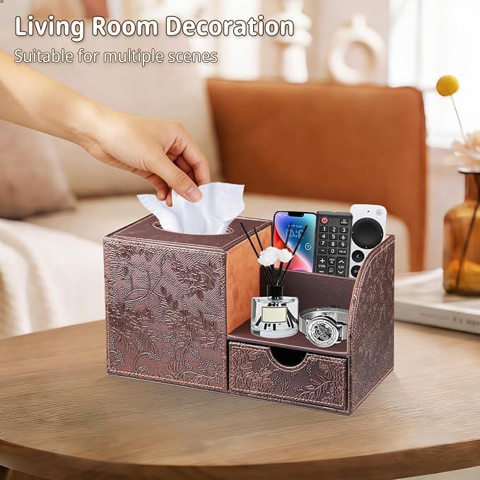 Nightstand Organizer with Tissue Holder,PU Leather Square Tissue Box Cover | Modern Facial Paper Organizer Storage Box for TV Remote Control,Bathroom,Vanity Countertop,End Table,Home and Office Decor