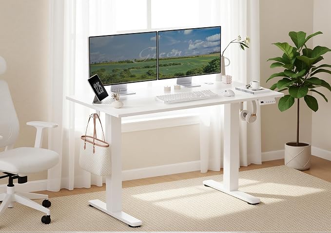 Seang Electric Height Adjustable Standing Desk, 48 x 24 Inch Sit-Stand Workstation with T-Shaped Frame, 3 Memory Height Options & Built-in Cable Management for Home Office, White Frame/White Top