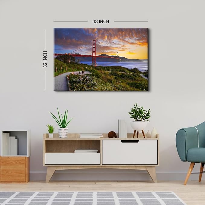 Large Red Golden Gate Bridge Picture Wall Art San Francisco City Landmark Building Photography Wall Decor Nature Mountain Sunset Skyline Paintings Canvas Prints Artwork for Home Decoration 32x48"