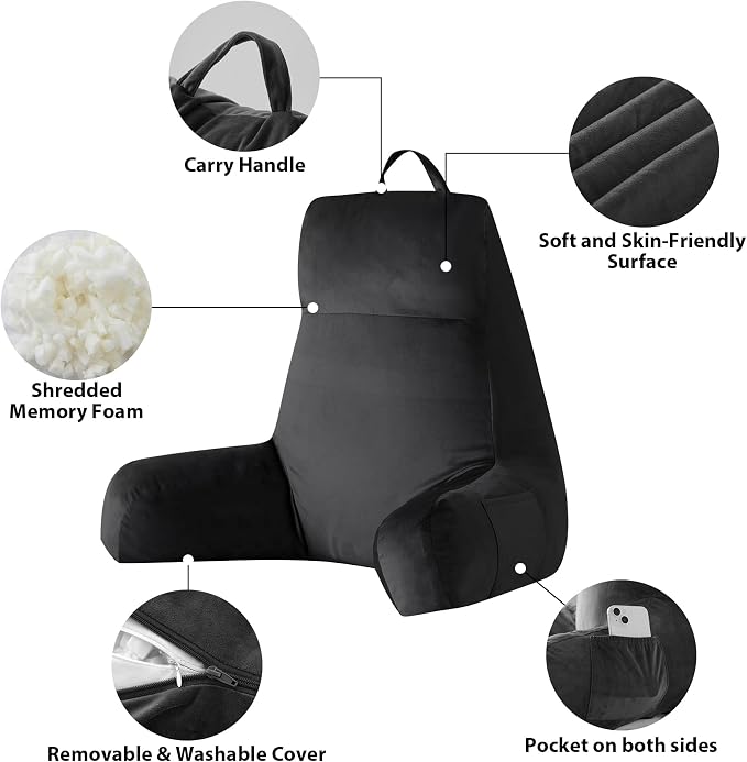IPYNBAP Reading Pillow with Arms for Adult, Back Pillow for Bed Sitting Up, Shredded Memory Foam Backrest Pillow with Pockets & Removable Washable Cover, Lounging, Watching TV, Reading(24inch Black)