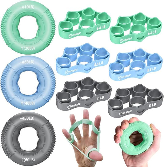 FitBeast Grip Strength Trainer, Finger Exerciser, Forearm Strengthener 9-Piece Kit, Hand Grip Strengthener Targeted Strength, Relief & Recovery