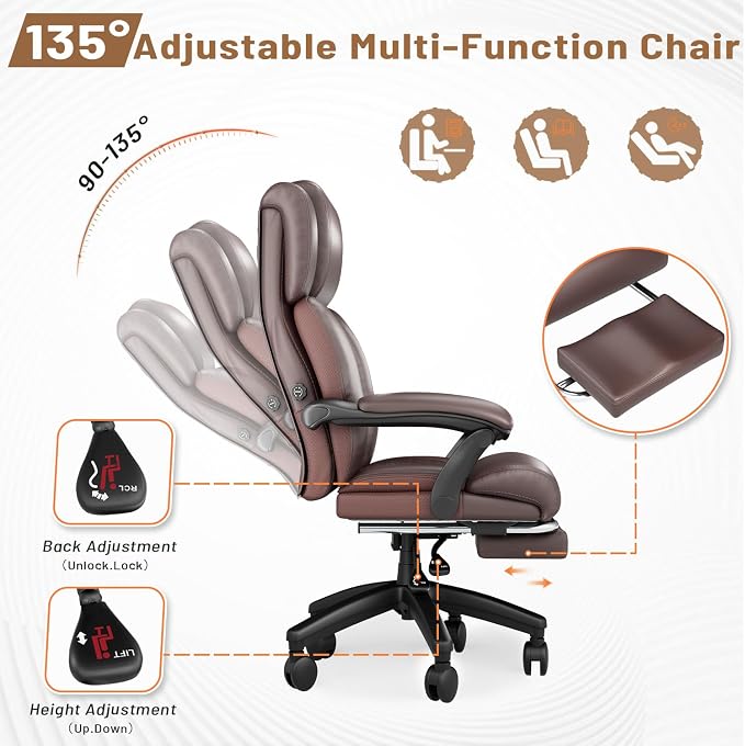 HOMREST 500lbs Big and Tall Office Chair, Ergonomic Heavy Duty Chair with Adjustable Lumbar Support & Backrest, Executive Leather Office Chair with Wide Armrests and Wheels (Brown)