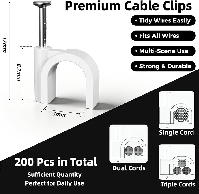 200 Pcs Cable Clips Nail in, Cord Clips Ethernet Cables, 7mm White | Wire Wall Clips Cable Straps Cables Tacks Cable Nails Coax Cable Clips Cable Management for Speaker Cat6