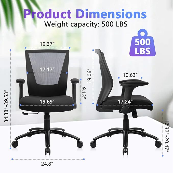 CLATINA Big and Tall Office Chair - Extra Wide Thick Seat, Heavy Duty High Back Executive Desk Chair with Adjustable Armrests, Ergonomic Mesh Computer Chair for Home Office Conference, 500LBS, 8 Pack
