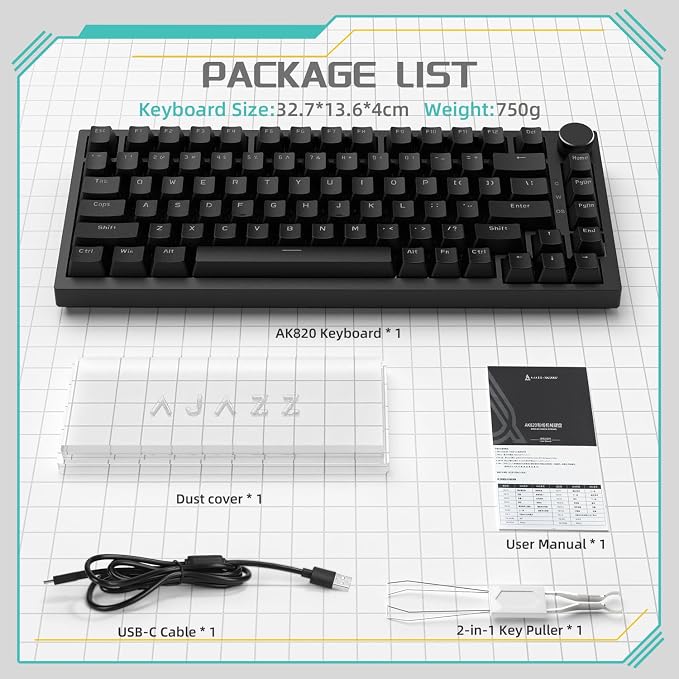 Attack Shark ajazz AK820 Mechanical Gaming Keyboard with Knob 75% Keyboard Hot Swappable Type-C Wired Gasket 5-Layer Noise Absorbing Foam White LED Backlit NKRO Linear Red Switch for PC/Win/Mac-Black