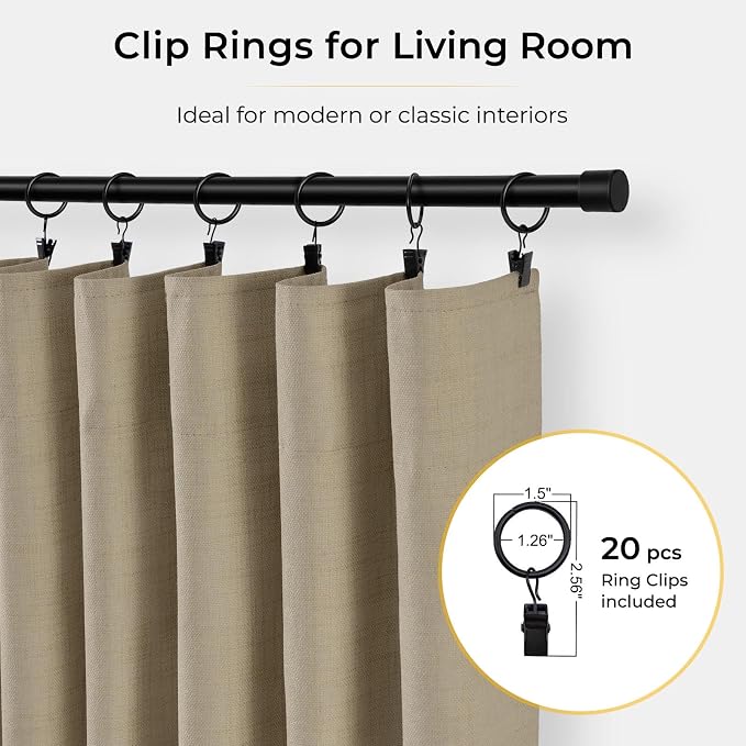 INOVADAY 100% Blackout Curtains for Bedroom, Earthy Beige Black Out Curtains 90 Inch Long, Clip Rings Linen Blackout Drapes, Thermal Insulated Room Darkening for Living Room, 2 Panels - W50xL90