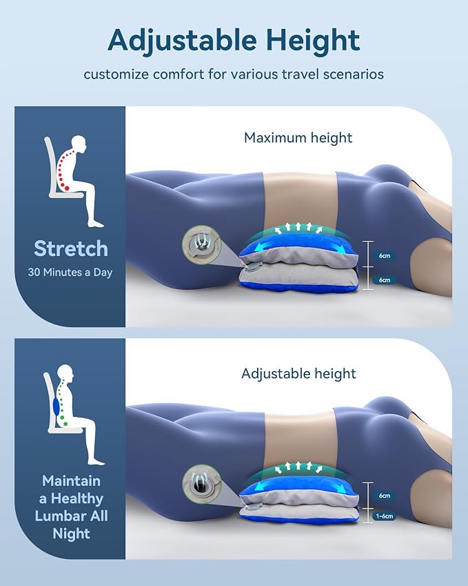 Inflatable Lumbar Pillow for Airplane Travel Lumbar Support Pillow for Car, Office Chair Back Support Office Chair Back Support for Reducing Lower Back Pain (Blue)