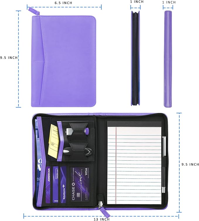 Small Portfolio Organizer, A5 Zippered Business Portfolio, Junior Padfolio Folder Binder for Women & Men, 5 x 8 Writing Pad Included, Purple