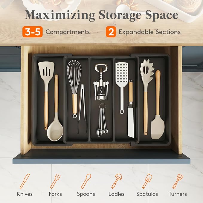 Lifewit Utensil Organizer, Expandable Kitchen Drawer Tray, Adjustable Cutlery and Cooking Utensil Holder, Black