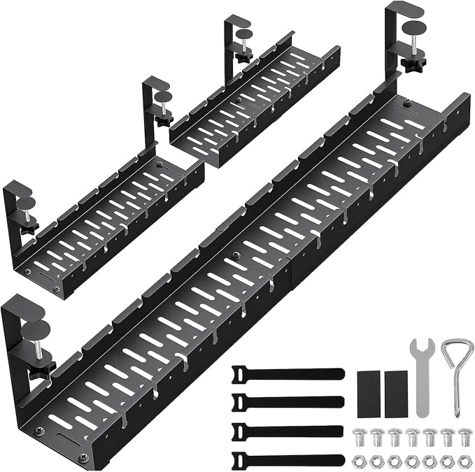 31Inch Extendable Under Desk Cable Management Tray, Black Metal Cable Management Tray Under Desk Cord Management with Clamp, 31 Inch x 4.33 Inch