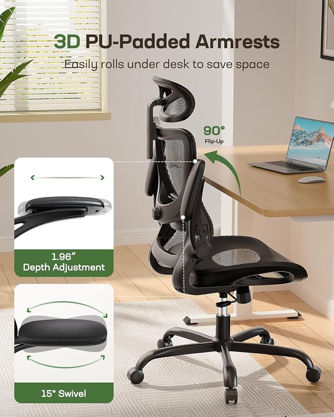 Marsail Ergonomic Mesh Office Chair with Adjustable Lumbar Support, 3 | 3D flip-up armrests, 2D headrest, breathable mesh back, reclining function, smooth-rolling casters, height adjustment
