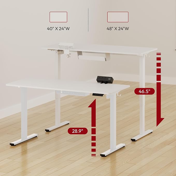 SANODESK Electric Standing Desk with Desk Clamp Power Strip 48"x 24" Whole-Piece Desktop Height Adjustable Stand Up Desk with Cable Management Sit Stand Home Office Desk White Frame/White Top