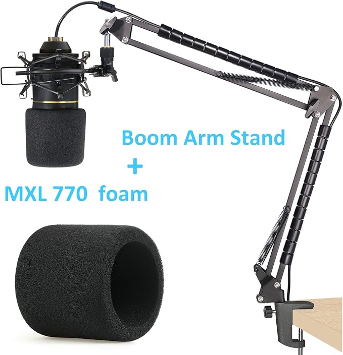MXL 770 990 Microphone Stand with Pop Filter - Mic Suspension Boom Arm Stand with Windscreen, Cable Sleeve Compatible with MXL 770 990 Mics by YOUSHARES