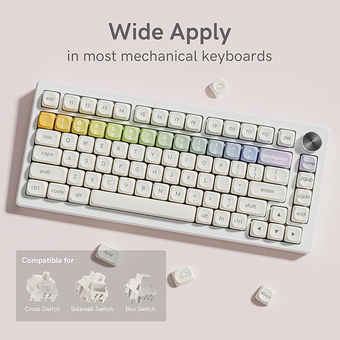 Womier PBT Keycaps Set 126 Keys, Doubleshot Dye Sub Side Print White Custom Round Keycaps for 60 65 75 100 Percent Creamy Mechanical Keyboards, MOA Profile (Rainbow)