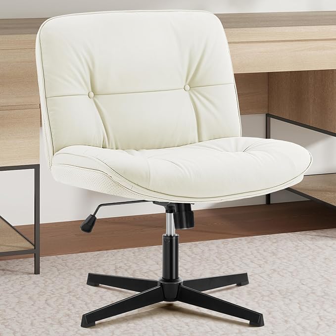 Sweetcrispy Armless-Office Desk Chair Without Wheels, Cross Legged Wide Chair, PU Leather Comfortable Adjustable Swivel Computer Task Chairs for Home,Office,Make Up,Small Space,Bed Room Light Beige