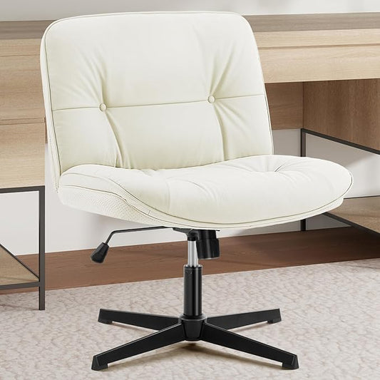 Sweetcrispy Armless-Office Desk Chair Without Wheels, Cross Legged Wide Chair, PU Leather Comfortable Adjustable Swivel Computer Task Chairs for Home,Office,Make Up,Small Space,Bed Room Light Beige