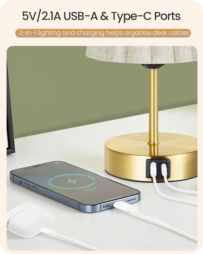 Small Bedside Table Lamp, Touch Dimmable Table Lamp with USB Ports, Nightstand Lamp with a Stepless Dimming LED Bulb, E26 Base, for Bedroom, Study, Desk, Gold and Beige DE16TL05