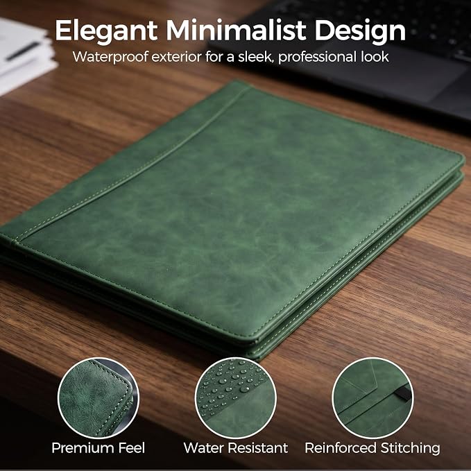 Koogel Padfolio Portfolio Folder, Leather Clipboard Portfolio Binder 13x10 inch Legal Writing Pad for Document Organizer Business Notepad Clip Boards for Office School Conference Meeting, Dark Green