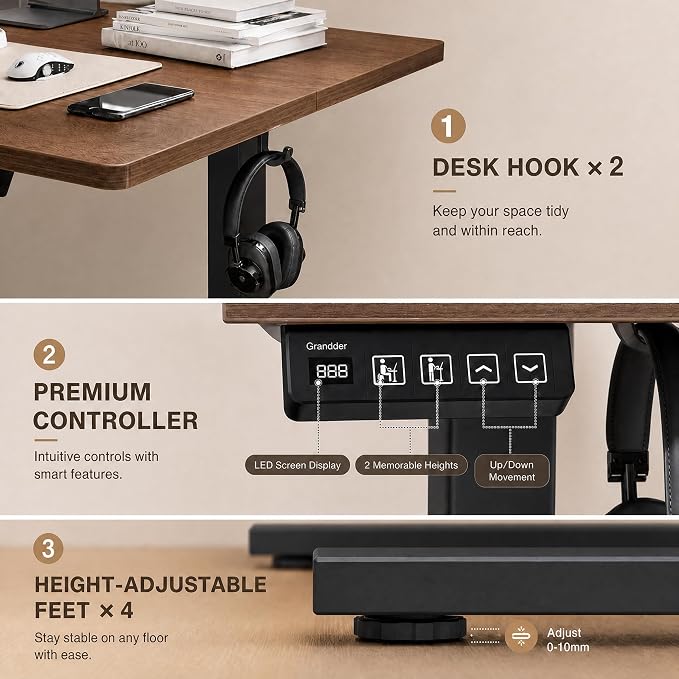 Grandder 55x32 Large Electric Standing Desk, Height Adjustable Computer Desk with 2 Memory Presets, 31.5" Deep Desktop Sit Stand Desk Home Office Desk Workstation Table with Hooks, Walnut