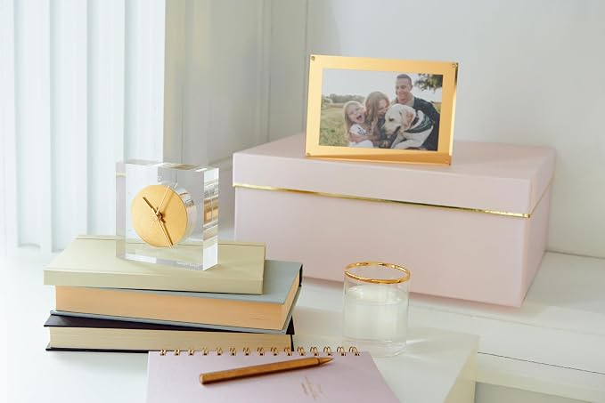 russell+hazel Acrylic & Gold Desk Clock, Clear | Keeps time with upscale style on a desk or shelf. A clear acrylic clock with an etched face & gold-toned brass accents.