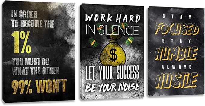 Motivational Canvas Wall Art Inspirational Success Quotes Wall Art Retro Black White Poster Hangs Picture Hustle Canvas Painting Artwork for Office Bedroom Living Room Workplace (36''Wx 16''H)