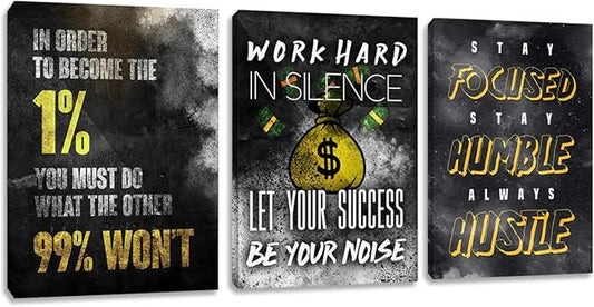 Motivational Canvas Wall Art Inspirational Success Quotes Wall Art Retro Black White Poster Hangs Picture Hustle Canvas Painting Artwork for Office Bedroom Living Room Workplace (36''Wx 16''H)