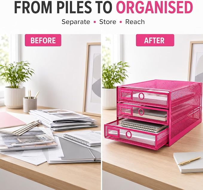 Exerz Paper Sorter 3 Drawer Wire Mesh A4 / Desk Multifunctional Desk Organiser/Multi-Layer Letter Tray - for Documents, Magazines, Notebooks and Letter (Pink)