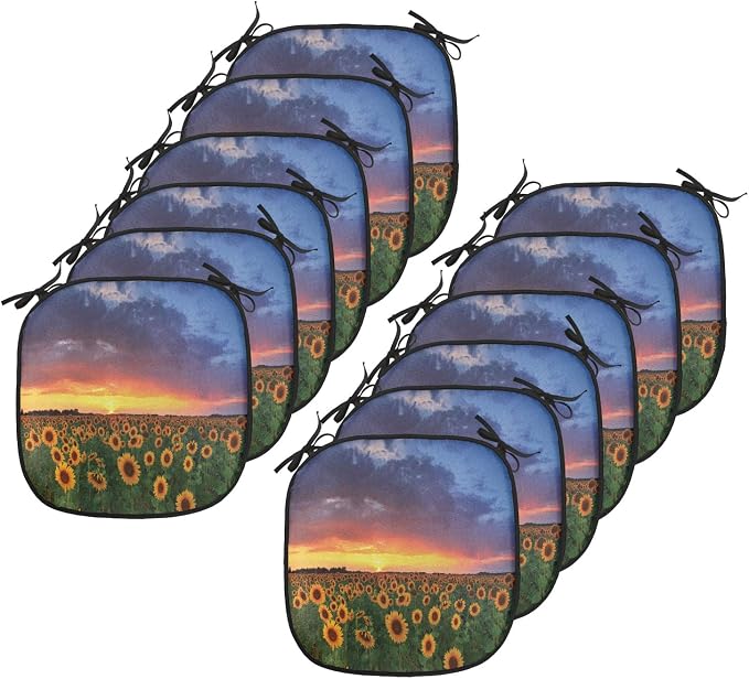Lunarable Sunflower Chair Cushion Pads Set 12, Field of Sunflowers Sunset Dramatic Sky Clouds Scenic Picture, Anti-Slip Seat Padding for Kitchen & Patio, 16"x16", Fern Green Sky Blue