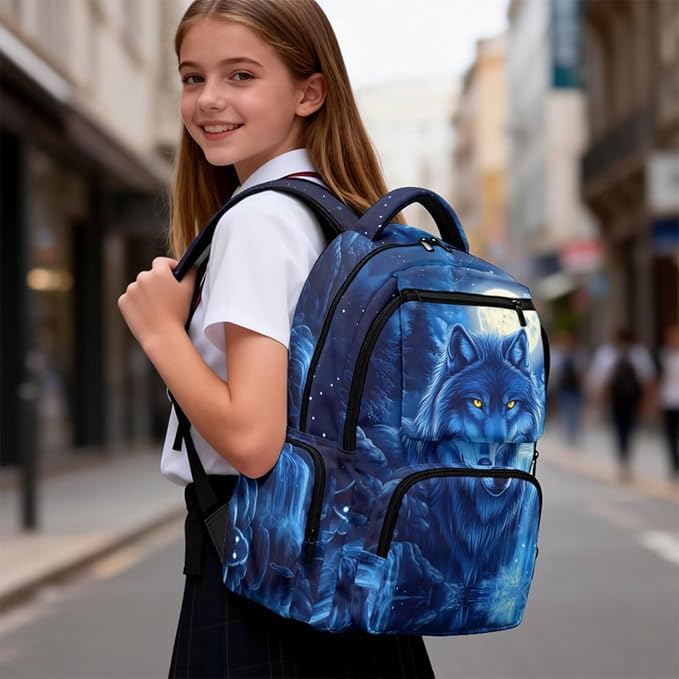 Wolf Backpack with Lunch Bag for Kids 6-8, Boys Cool Mochilas Bookbag Personalized 4 Pcs Set with Lunch Box Pencil Pouch Water Bottle Holder Back-to-School Supplies