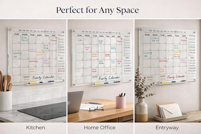 Acrylic Wall Calendar – Medium Clear Dry Erase Wall Calendar 24x18 – Acrylic Monthly Wall Planner for Home, Office & Family – Reusable Transparent Wall Calendar with Markers