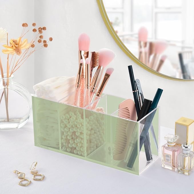 YETTASBIN Sage Green Solid Color Acrylic Pen Holder, 4 Compartments Sturdy Clear Pencil Holder Cosmetic Brush Storage Box for Dorm Home Office Desk Accessories, Flatware Organizer for Kitchen