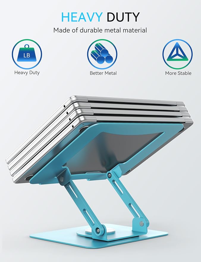 SOUNDANCE 360 Rotating Laptop Stand, Ergonomic Computer Riser for Desk, Adjustable Height Multi-Angle Metal Holder, Foldable Portable Notebook Elevating Base for Office & Home, Blue