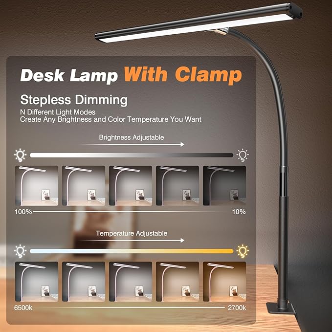 Airlonv LED Desk Lamp for Office Home, Eye-Caring Desk Light with Stepless Dimming Adjustable Flexible Gooseneck, 10W USB Adapter Desk Lamp with Clamp for Reading, Study, Workbench (Black)